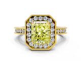 Yellow gold Fancy Yellow Radiant  Halo Diamond Engagement Ring with Milgrain Pave Band and Four-Prong Setting_51