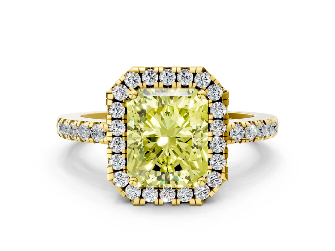 Yellow gold Fancy Yellow Radiant  Halo Diamond Engagement Ring with Pavé Band and Four-Prong Setting_117