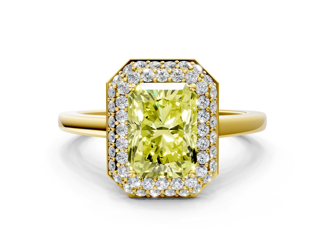 Yellow gold Fancy Yellow Radiant  Halo Diamond Engagement Ring with Solitaire Band and Four-Prong Setting_18