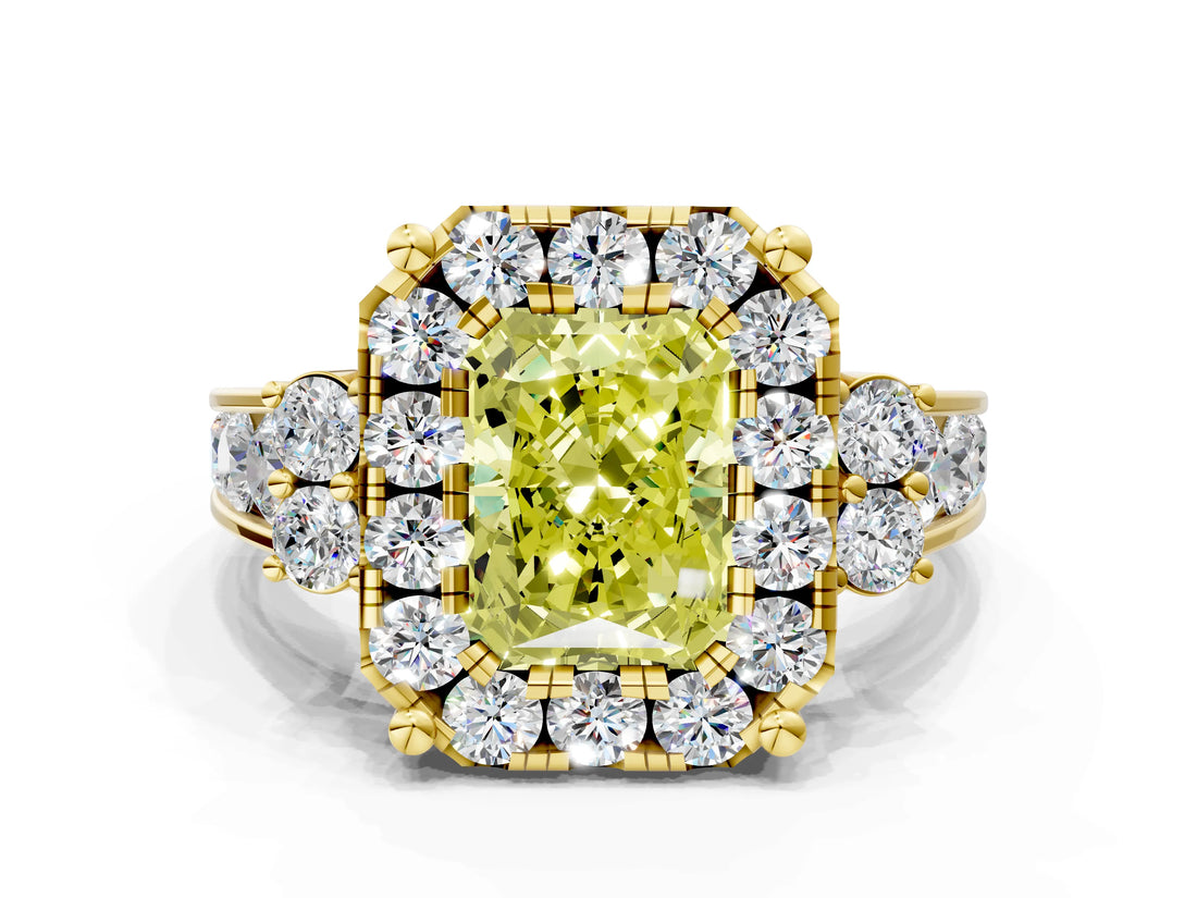 Yellow gold Fancy Yellow Radiant  Halo Diamond Engagement Ring with Split Shank and Four-Prong Setting_43