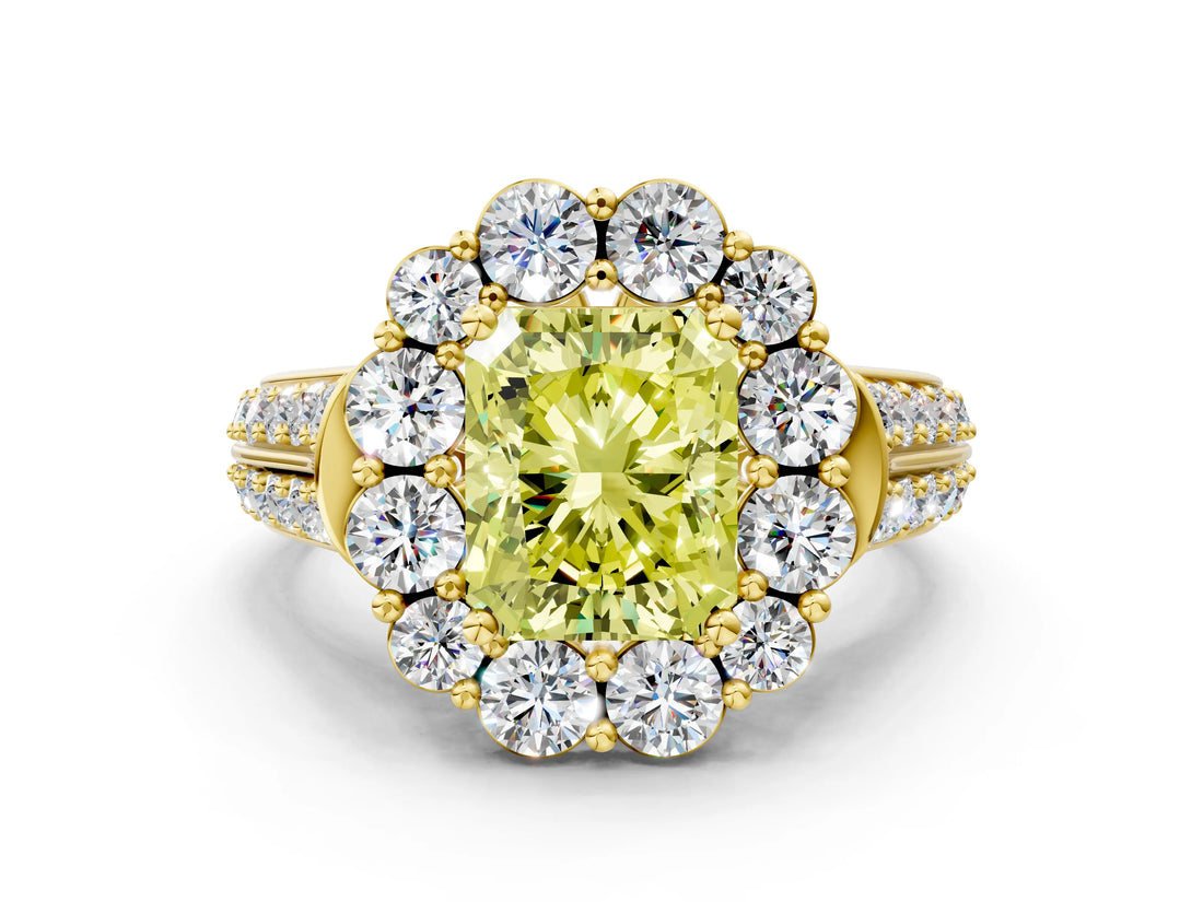 Yellow gold Fancy Yellow Radiant  Halo Diamond Engagement Ring with Split Shank and Prong Setting_66