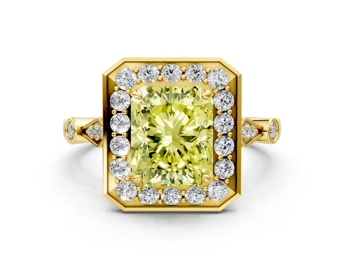 Yellow gold Fancy Yellow Radiant  Halo Diamond Engagement Ring with Twisted Band and Four-Prong Setting