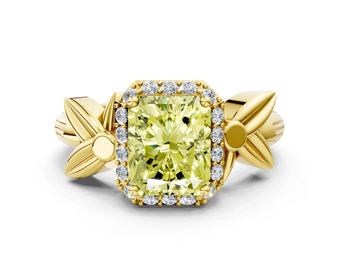 Yellow gold Fancy Yellow Radiant  Halo Diamond Floral Band with Four-Prong Setting_55