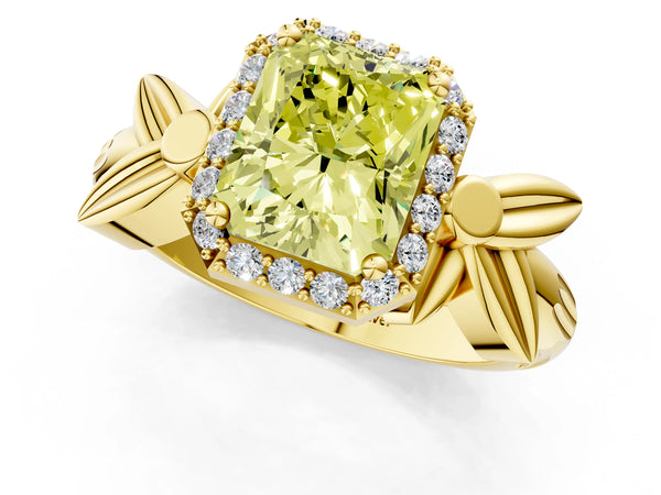 Yellow gold Fancy Yellow Radiant  Halo Diamond Floral Band with Four-Prong Setting
