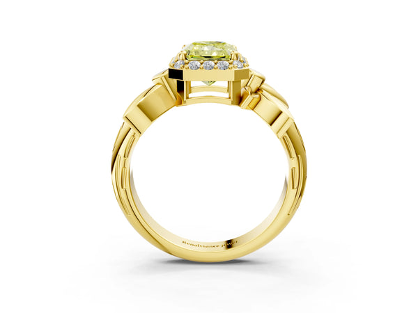 Yellow gold Fancy Yellow Radiant  Halo Diamond Floral Band with Four-Prong Setting