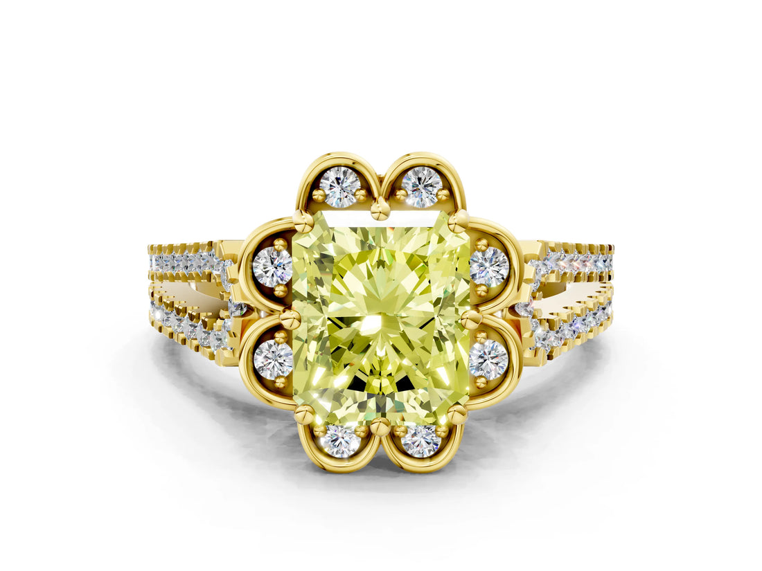Yellow gold Fancy Yellow Radiant  Halo Diamond Floral Split Shank Engagement Ring