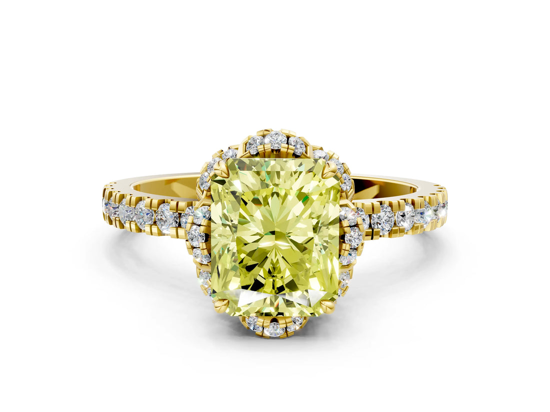 Yellow gold Fancy Yellow Radiant  Halo Diamond Pave Band Ring with Four-Prong Setting_15