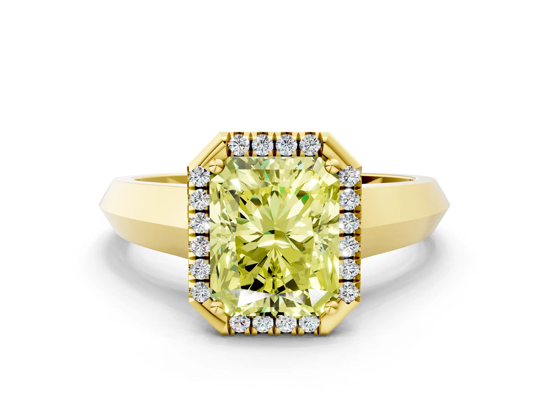 Yellow gold Fancy Yellow Radiant  Halo Diamond Ring with Cathedral Band and Four-Prong Setting_49