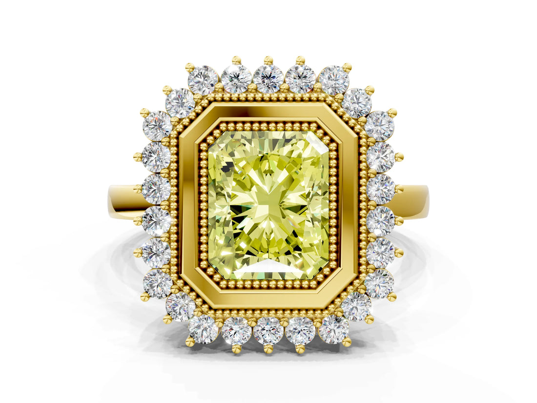 Yellow gold Fancy Yellow Radiant  Halo Diamond Ring with Milgrain Edge and Round Prong Setting_26