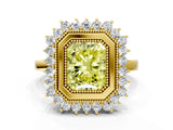 Yellow gold Fancy Yellow Radiant  Halo Diamond Ring with Milgrain Edge and Round Prong Setting_26