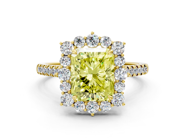 Yellow gold Fancy Yellow Radiant  Halo Diamond Ring with Pavé Band and Prong Setting