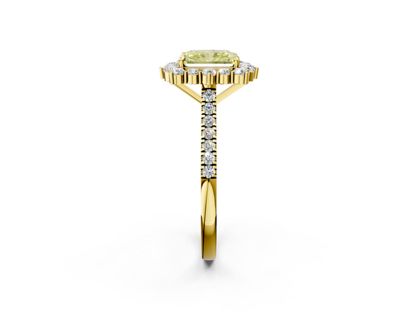 Yellow gold Fancy Yellow Radiant  Halo Diamond Ring with Pavé Band and Prong Setting