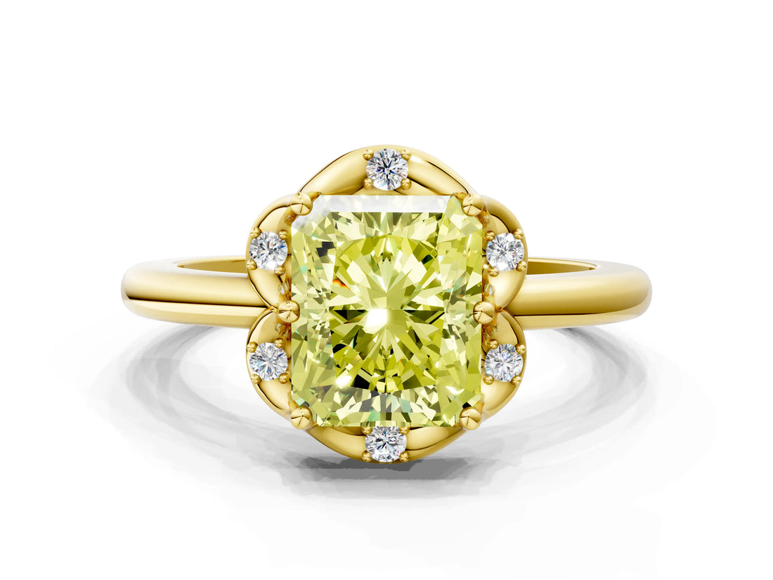 Yellow gold Fancy Yellow Radiant  Halo Diamond Ring with Round Cluster Setting, Solitaire Band, and Four-Prong Setting_49