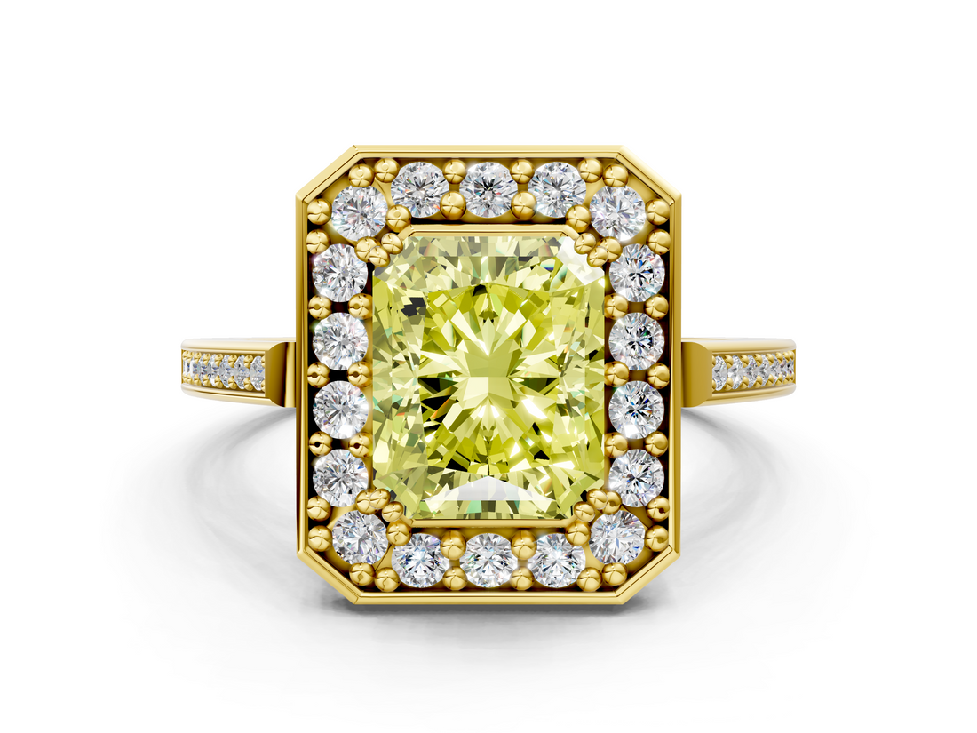 Yellow gold Fancy Yellow Radiant  Halo Diamond Ring with Split Shank and Four-Prong Setting_52