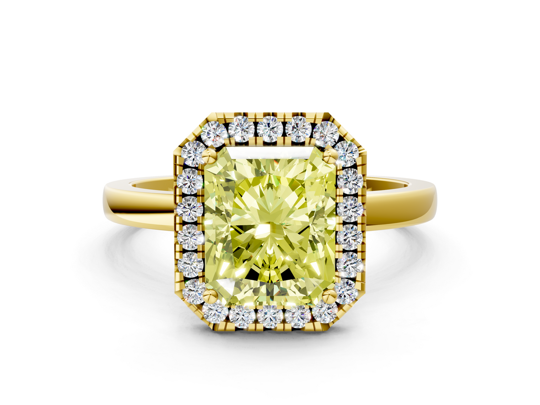 Yellow gold Fancy Yellow Radiant  Halo Diamond Solitaire with Pavé Band and Four-Prong Setting_74