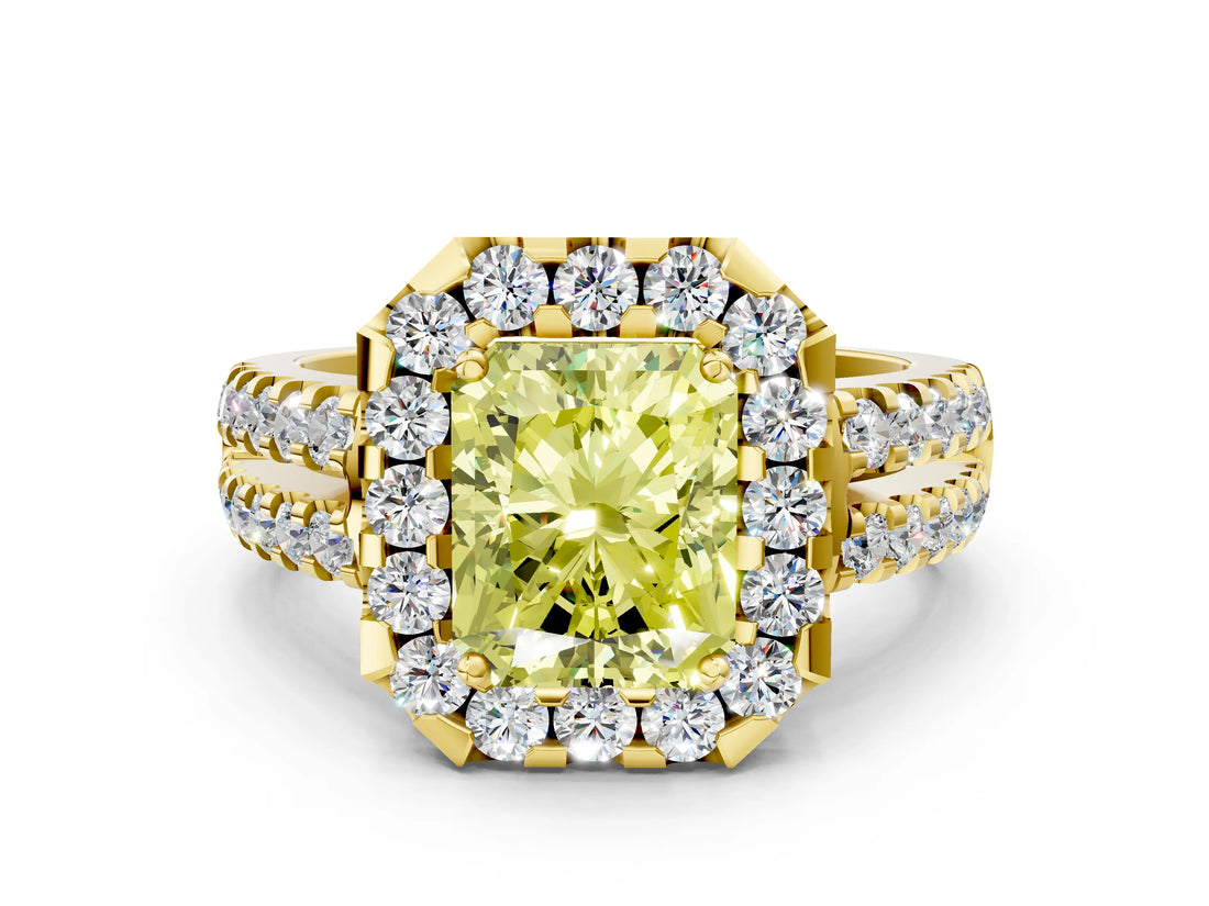 Yellow gold Fancy Yellow Radiant  Halo Diamond Split Shank Engagement Ring with Prong Setting_51