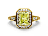 Yellow gold Fancy Yellow Radiant  Halo Diamond Split Shank Ring with Milgrain Detail_49