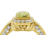 Yellow gold Fancy Yellow Radiant  Halo Diamond Split Shank Ring with Milgrain Detail_53