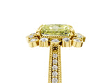 Yellow gold Fancy Yellow Radiant  Halo Milgrain Pave Diamond Ring with Four-Prong Setting