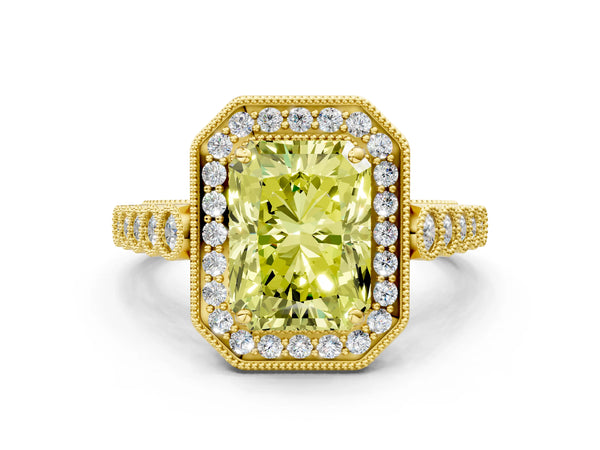 Yellow gold Fancy Yellow Radiant  Halo Milgrain Solitaire with Bezel Set Side Stones and Pave Band
