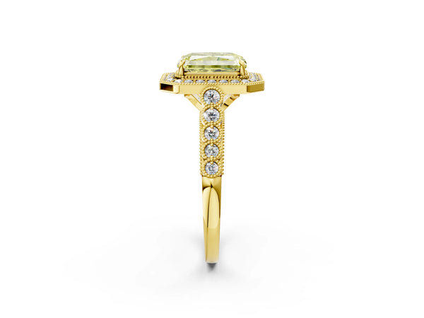 Yellow gold Fancy Yellow Radiant  Halo Milgrain Solitaire with Bezel Set Side Stones and Pave Band