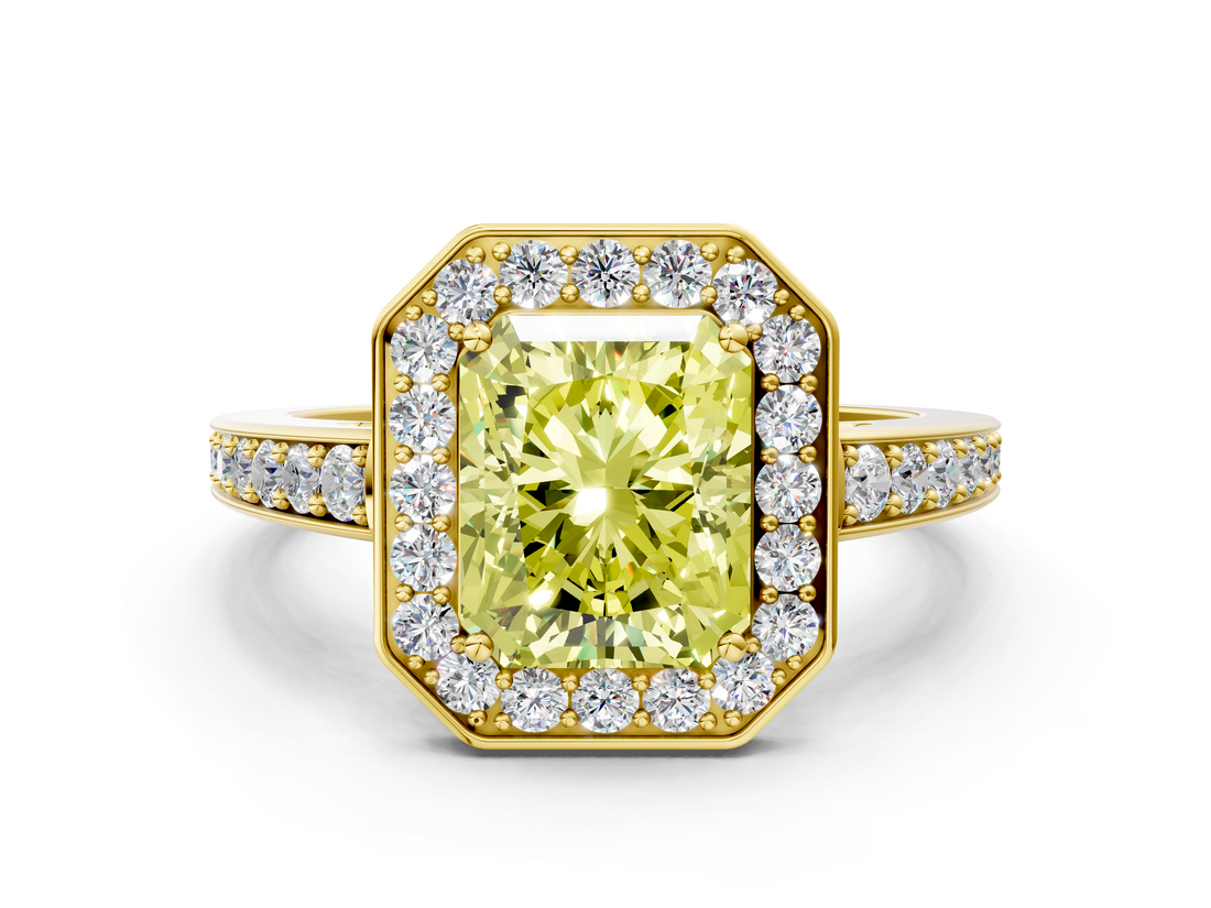 Yellow gold Fancy Yellow Radiant  Halo Pavé Diamond Engagement Ring with Bezel Setting_20