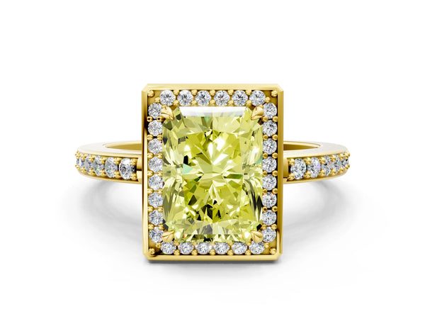 Yellow gold Fancy Yellow Radiant  Halo Pave Band Solitaire Ring with Prong Setting