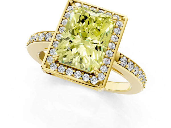 Yellow gold Fancy Yellow Radiant  Halo Pave Band Solitaire Ring with Prong Setting