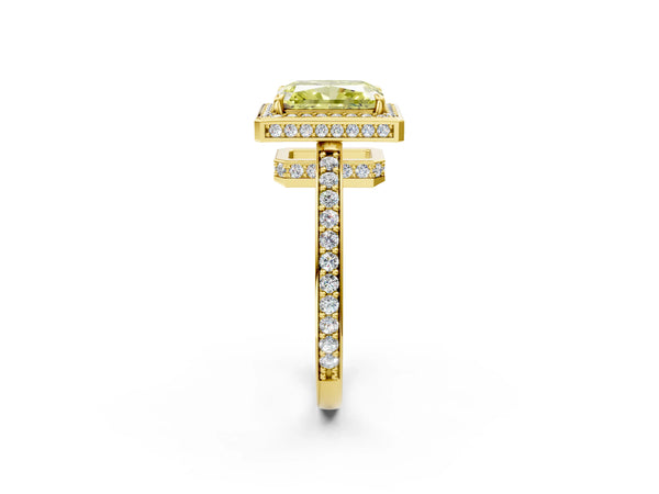 Yellow gold Fancy Yellow Radiant  Halo Pave Band Solitaire Ring with Prong Setting