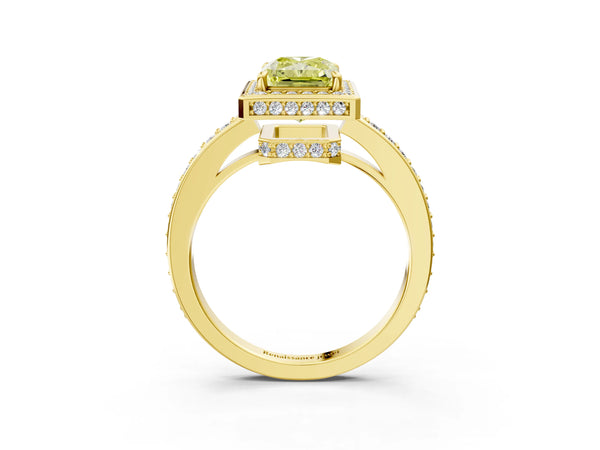 Yellow gold Fancy Yellow Radiant  Halo Pave Band Solitaire Ring with Prong Setting