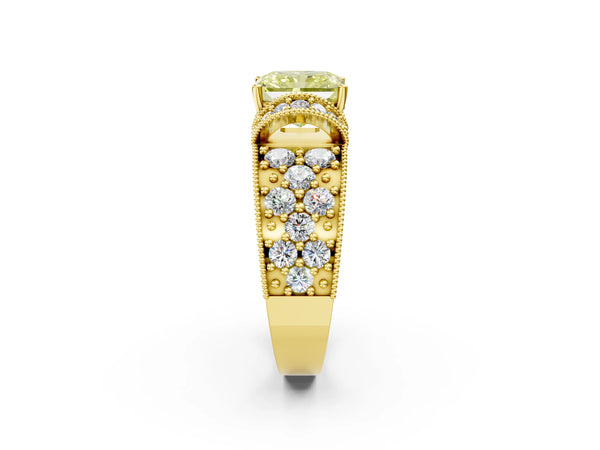 Yellow Gold Radiant Cut Vintage Milgrain Pave Engagement Ring Setting for Fancy Yellow Center