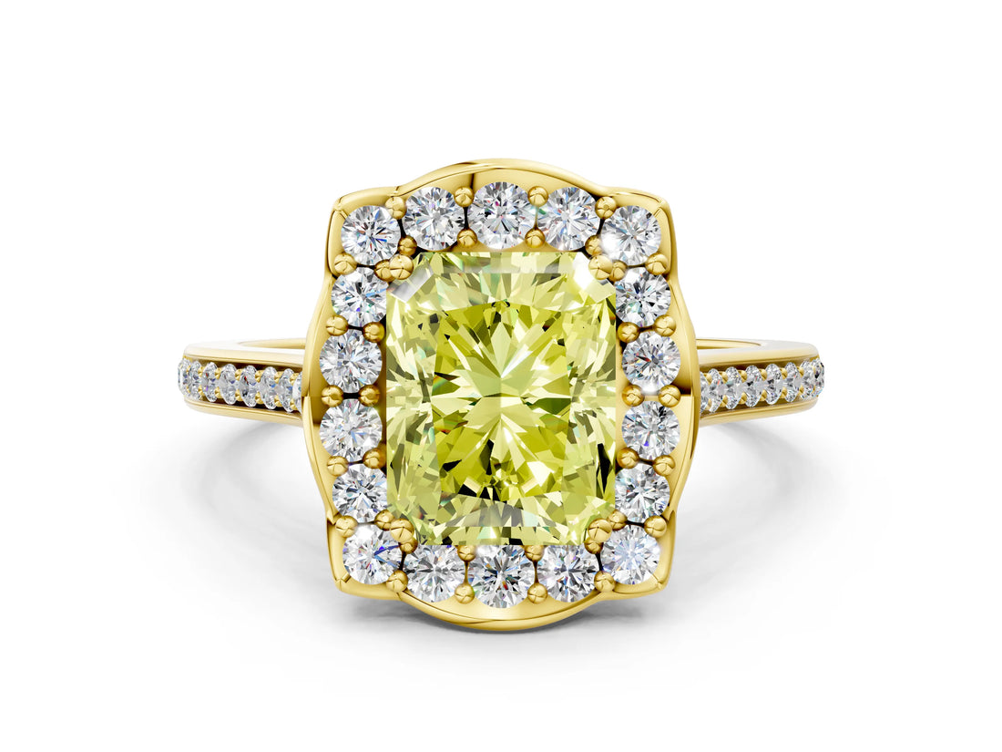 Yellow gold Fancy Yellow Radiant  Halo Round Diamond Pave Band with Four-Prong Setting_43