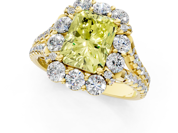 Yellow gold Fancy Yellow Radiant  Halo Split Shank Diamond Engagement Ring with Pave Band and Four-Prong Setting