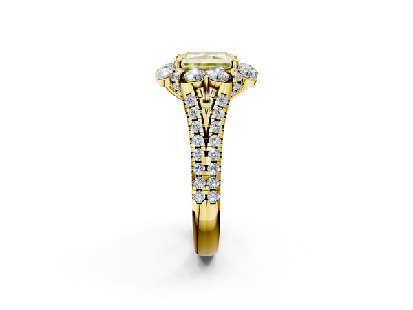 Yellow gold Fancy Yellow Radiant  Halo Split Shank Diamond Engagement Ring with Pave Band and Four-Prong Setting