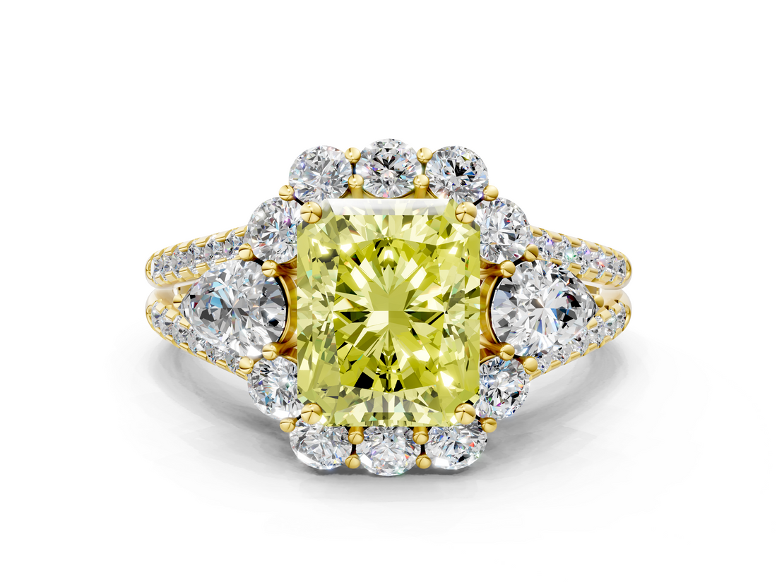 Yellow gold Fancy Yellow Radiant  Halo Split Shank Diamond Engagement Ring with Prong Setting_19