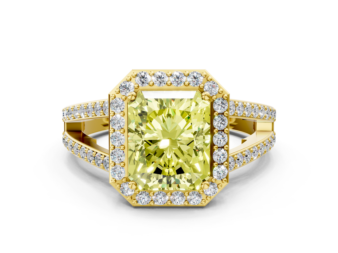 Yellow gold Fancy Yellow Radiant  Halo Split Shank Diamond Ring with Four-Prong Setting_32