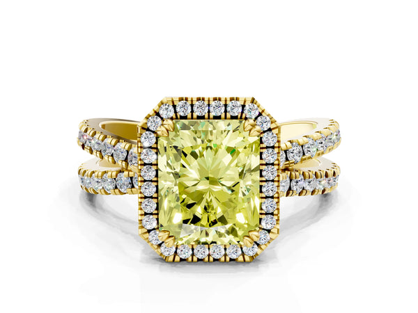 Yellow gold Fancy Yellow Radiant  Halo Split Shank Diamond Ring with Pavé Setting