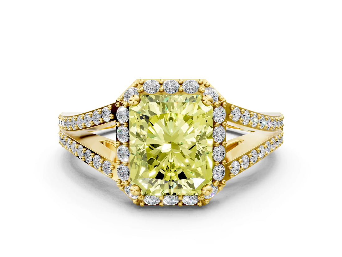 Yellow gold Fancy Yellow Radiant  Halo Split Shank Pave Diamond Ring with Four-Prong Setting_49