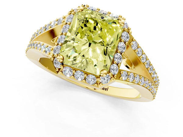 Yellow gold Fancy Yellow Radiant  Halo Split Shank Pave Diamond Ring with Four-Prong Setting
