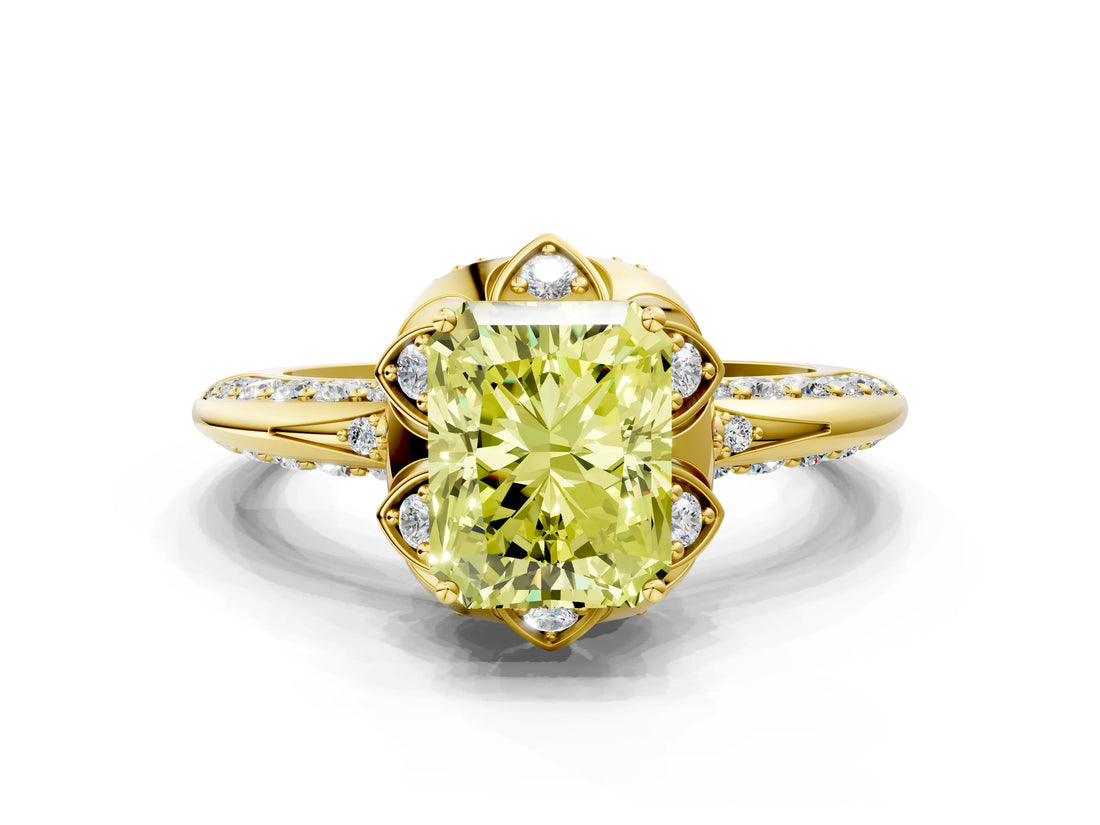 Yellow gold Fancy Yellow Radiant  Halo Split Shank Pave Diamond Ring with Petal Prong Setting_21