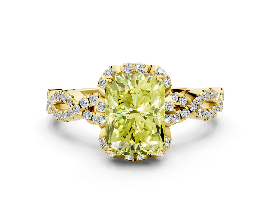 Yellow gold Fancy Yellow Radiant  Halo Twist Band Solitaire Ring with Six-Prong Setting_3