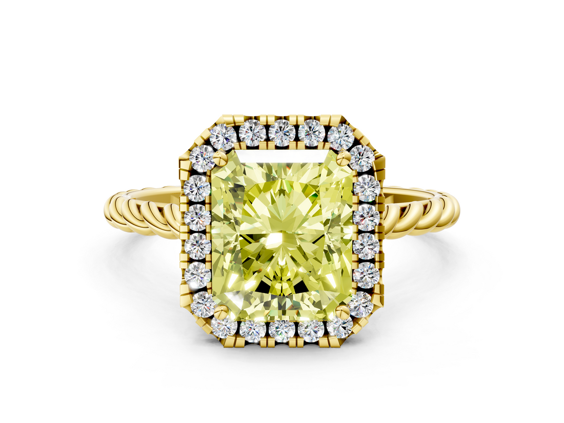 Yellow gold Fancy Yellow Radiant  Halo Twisted Band Four-Prong Diamond Ring_20