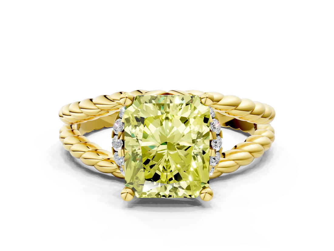 Yellow gold Fancy Yellow Radiant  Halo Twisted Band Four-Prong Ring_32