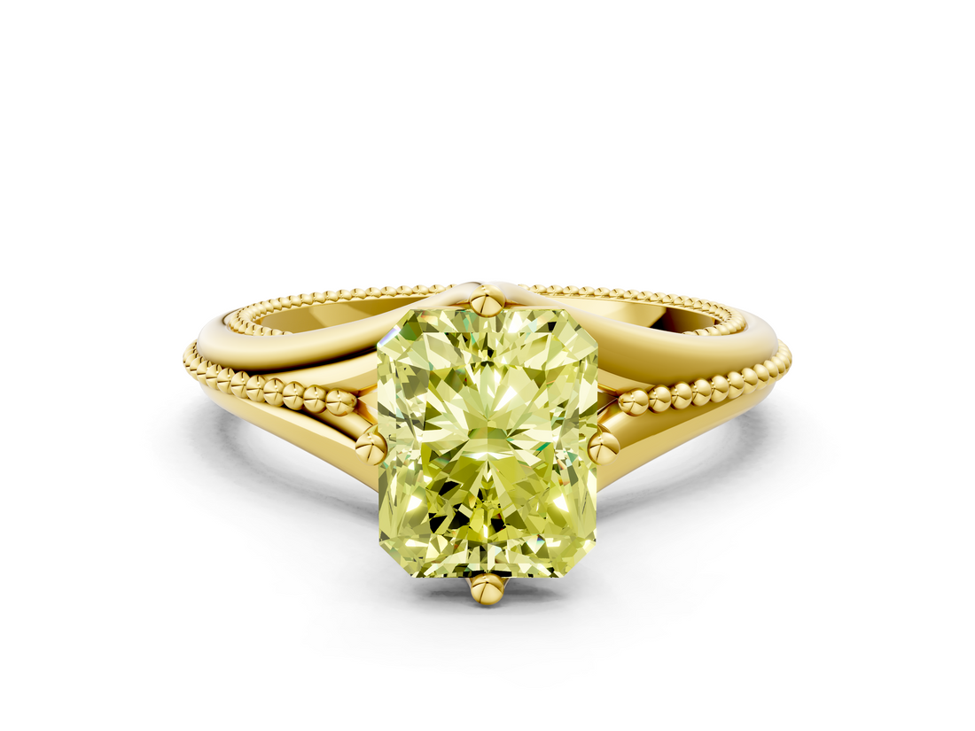 Yellow gold Fancy Yellow Radiant  Solitaire Beaded Band Six-Prong Setting