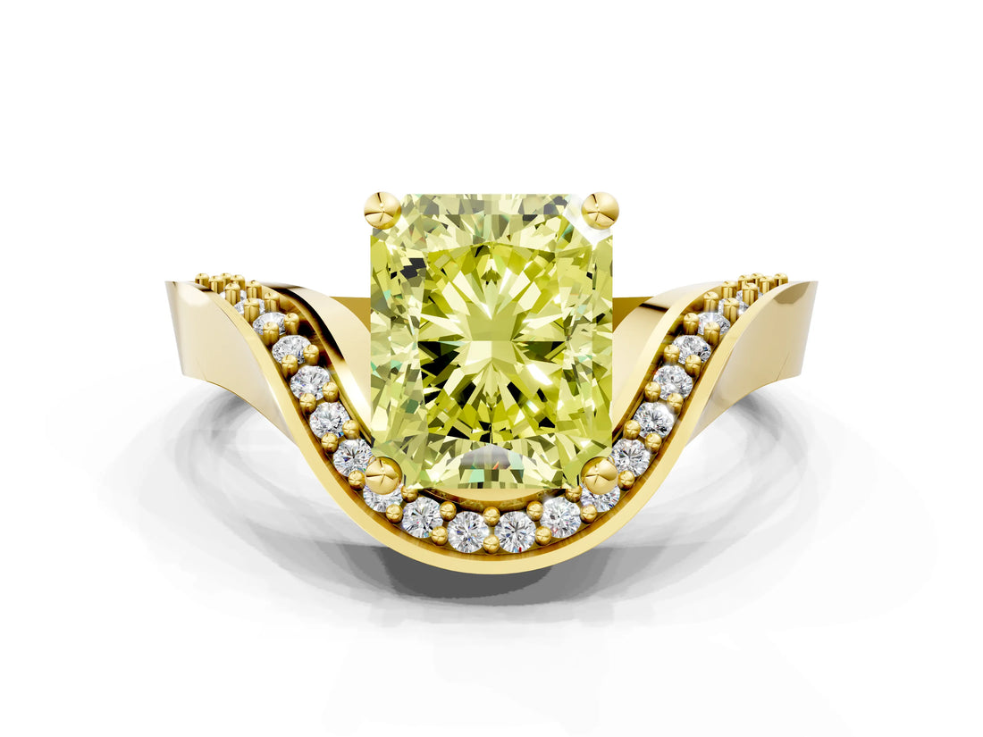 Yellow gold Fancy Yellow Radiant  Solitaire Diamond Engagement Ring with Pave Band and Four-Prong Setting 1