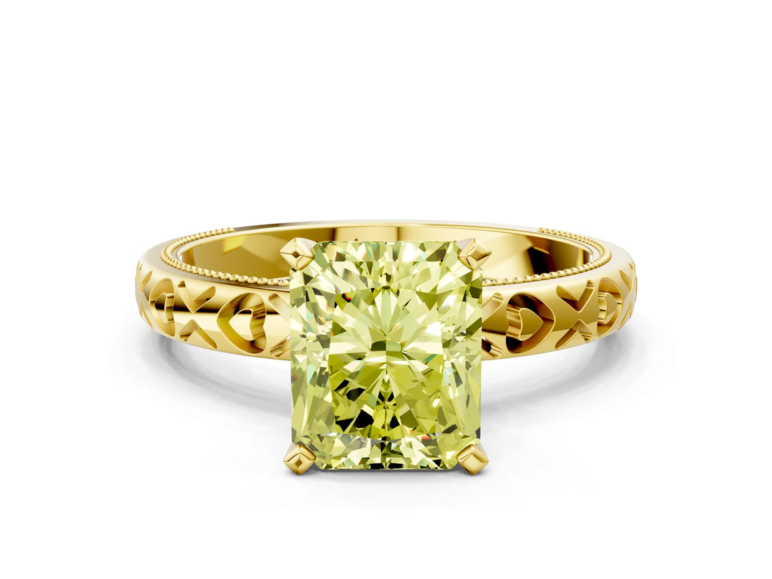 Yellow gold Fancy Yellow Radiant  Solitaire Diamond Engagement Ring with XO Engraved Band and Four-Prong Setting