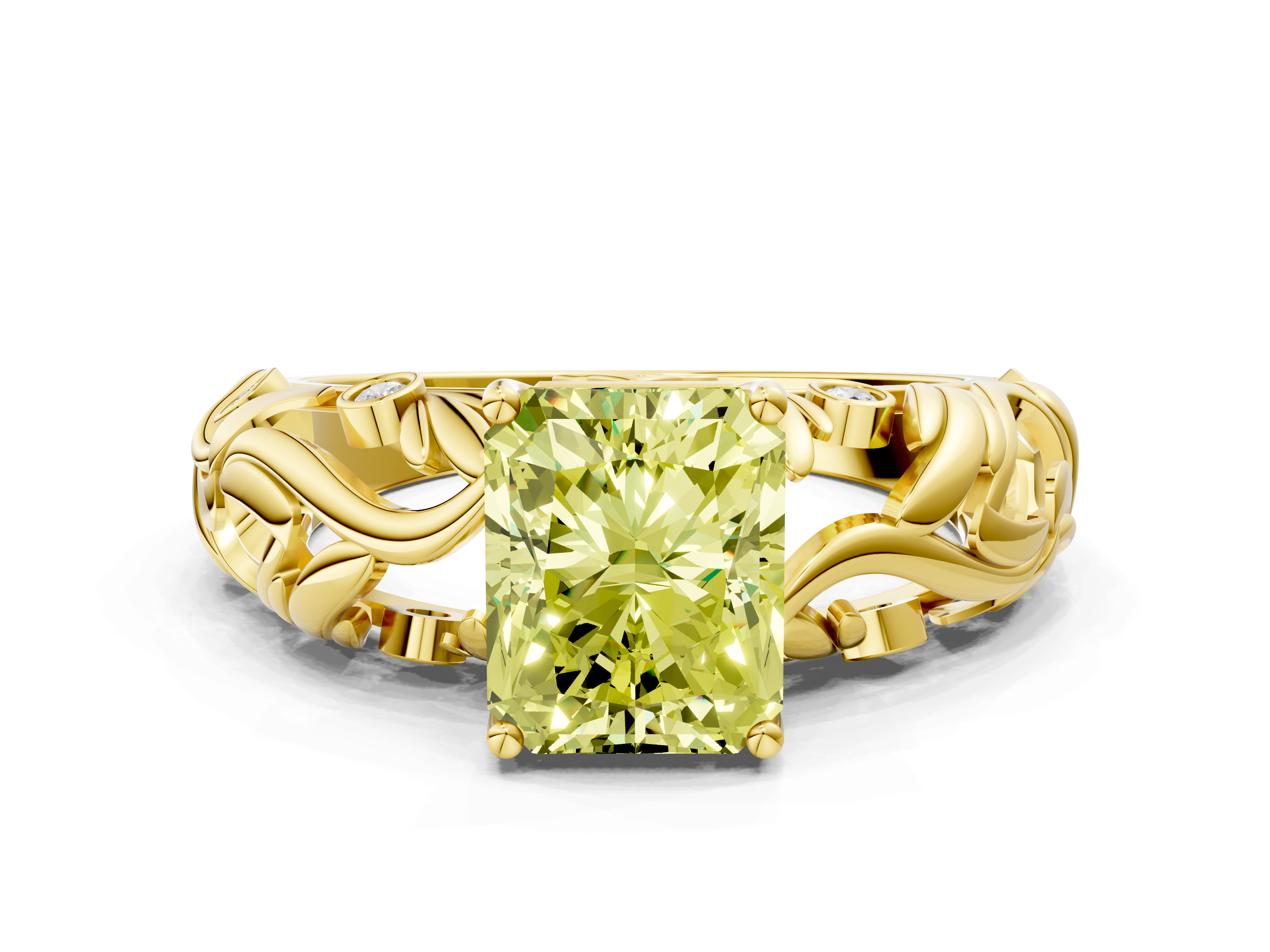 Yellow gold Fancy Yellow Radiant  Solitaire Diamond Leaf Vine Band with Prong Setting_45