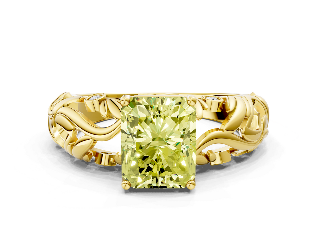 Yellow gold Fancy Yellow Radiant  Solitaire Diamond Leaf Vine Band with Prong Setting_45