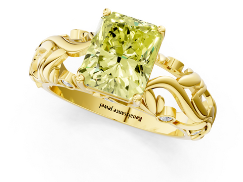 Yellow gold Fancy Yellow Radiant  Solitaire Diamond Leaf Vine Band with Prong Setting_46