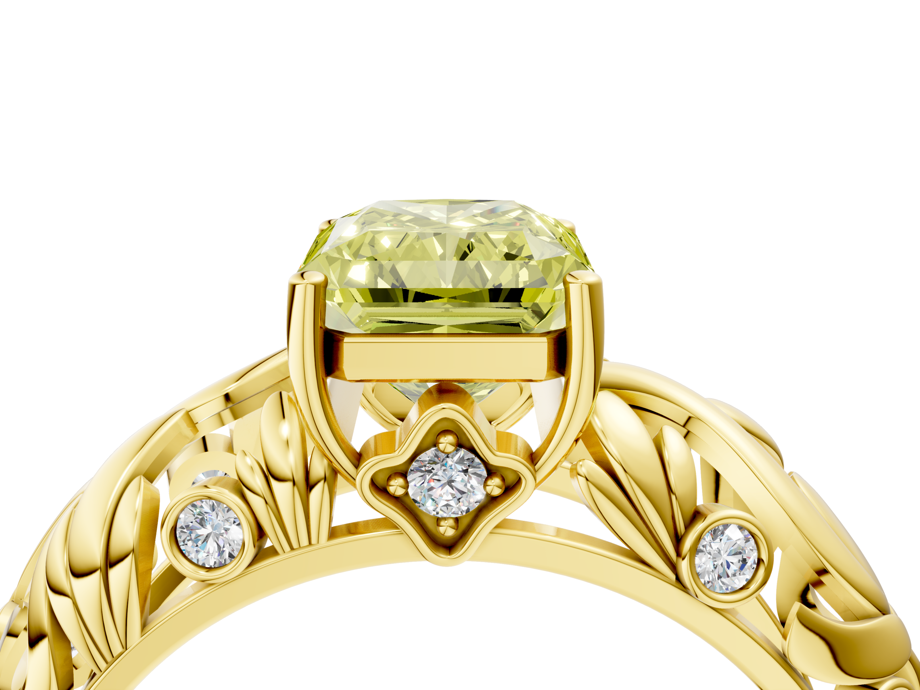 Yellow gold Fancy Yellow Radiant  Solitaire Diamond Leaf Vine Band with Prong Setting_49